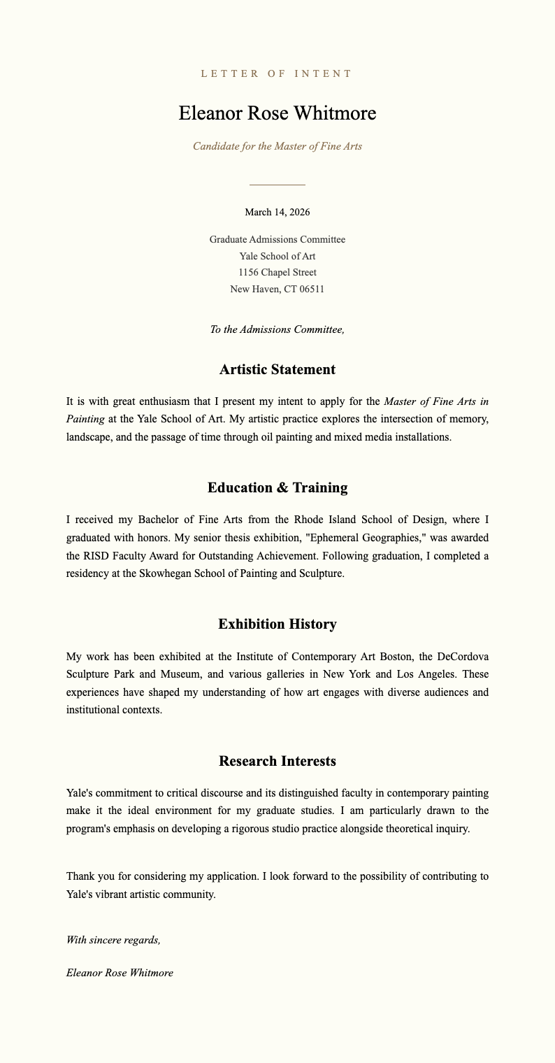 Art gallery catalog letter of intent